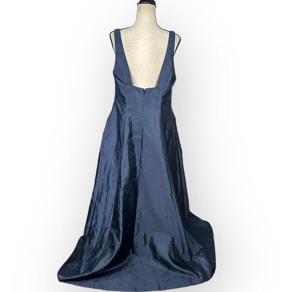 Alfred Sung Maxi Gown Women's 14R Navy Blue Square Neck Satin A-Line Sleeveless - Picture 7 of 11